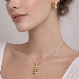 Gold Teddy Bear Pearl Necklace & Earring Set | Stainless Steel | Gold Tone